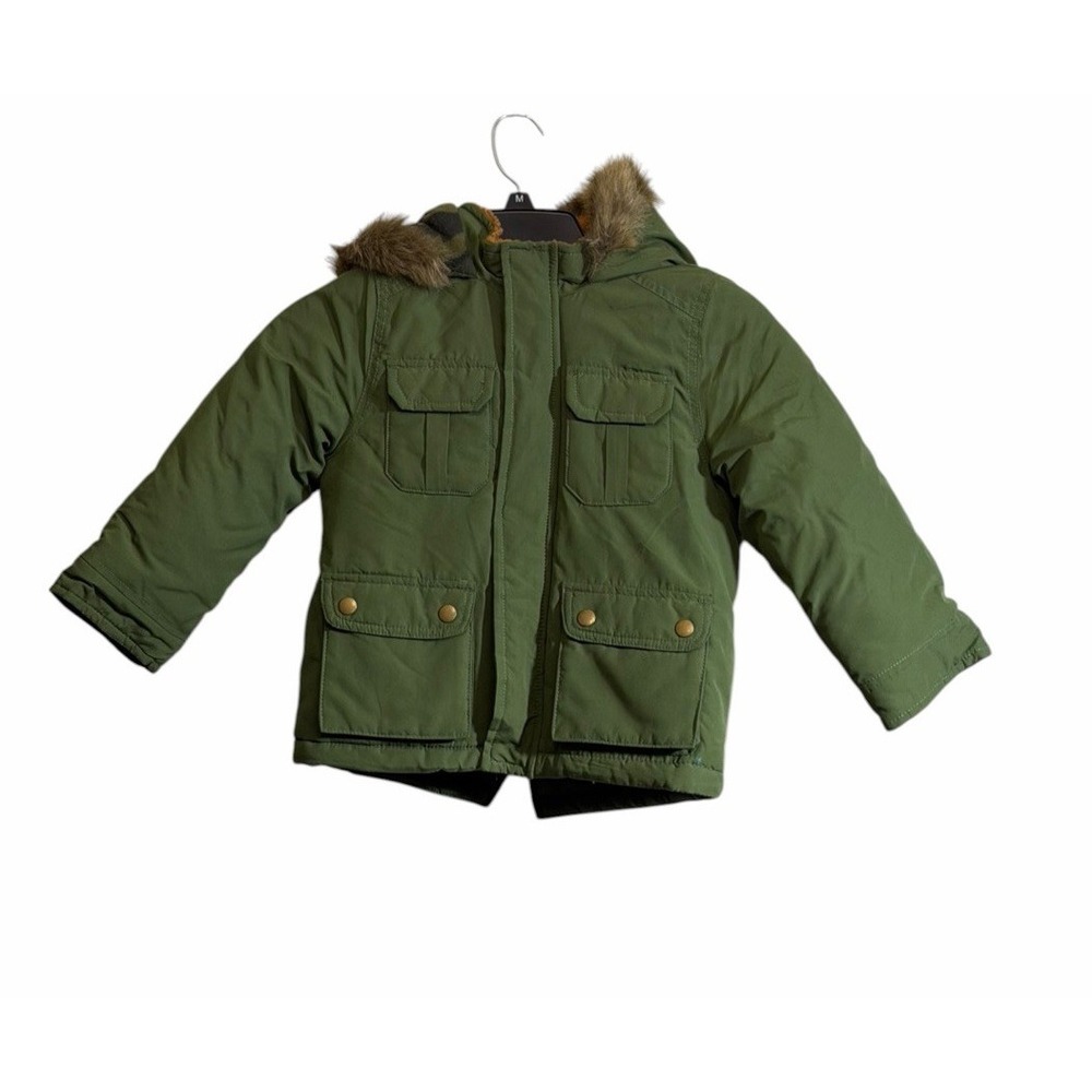 Carters Parka Jacket 4T Hooded Olive Green Faux Fur Trim Winter Warm
